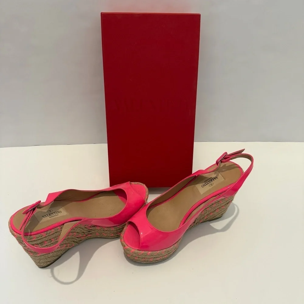 Valentino Garavani Pink Patent Leather Espadrille Wedges Fits Like 6.5